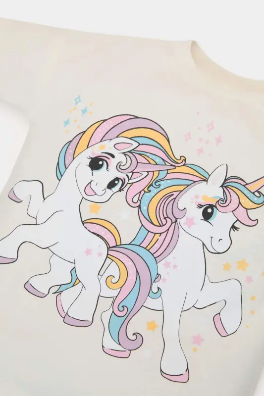 Kız Bebek 2'li Takım Unicorn Baskılı Uzun Kollu Tişört İspanyol Paça Tayt E5558A525SP - Ekru-ER100 - 4