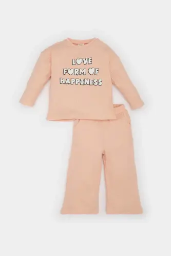 2'li Takım Waffle Baskılı Sweatshirt Beli Lastikli Eşofman Altı Kız Bebek E0202A525SP - Turuncu-OG577 - 1