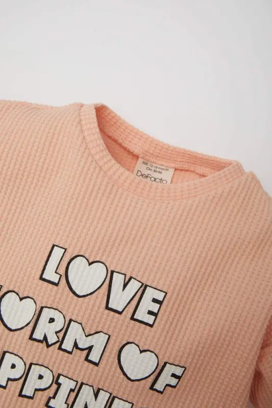 2'li Takım Waffle Baskılı Sweatshirt Beli Lastikli Eşofman Altı Kız Bebek E0202A525SP - Turuncu-OG577 - 3