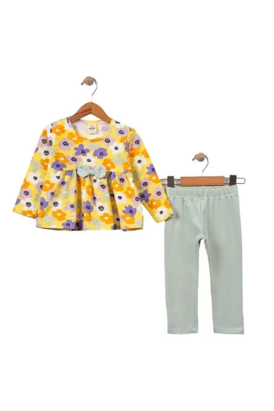 Kız Bebek Alt Üst Takım Çiçek Desenli Fiyonk Detaylı-Su Yeşili - LANUGO