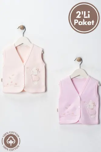 Kız Bebek Ayıcık Nakışlı Organik Pamuklu 3-6-9 Ay 2li Penye Bebek Yelek-Çok Renkli 