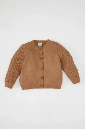 Kız Bebek Basic Düz Triko Bisiklet Yaka Düğmeli Hırka C7905A524AU - Kahve-BN564 - 1