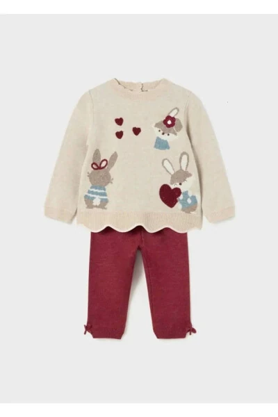 Kız Bebek Kazak Pantolon Takım Bej/Kırmızı 2549 - MAYORAL