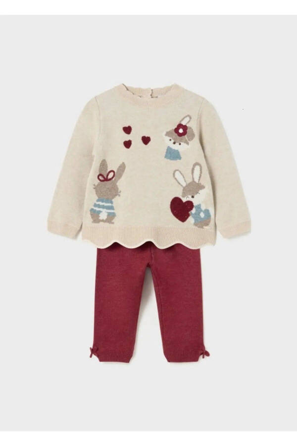 Kız Bebek Kazak Pantolon Takım Bej/Kırmızı 2549 - bej - 1