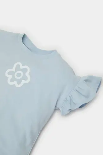 Kız Bebek Bisiklet Yaka Çiçekli Kısa Kollu Tişört Z9212A225SM-Mavi - DEFACTO (1)