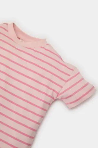 Bisiklet Yaka Çizgili Kısa Kollu Tişört Kız Bebek E5415A525SM - Pembe-PN127 - DEFACTO (1)