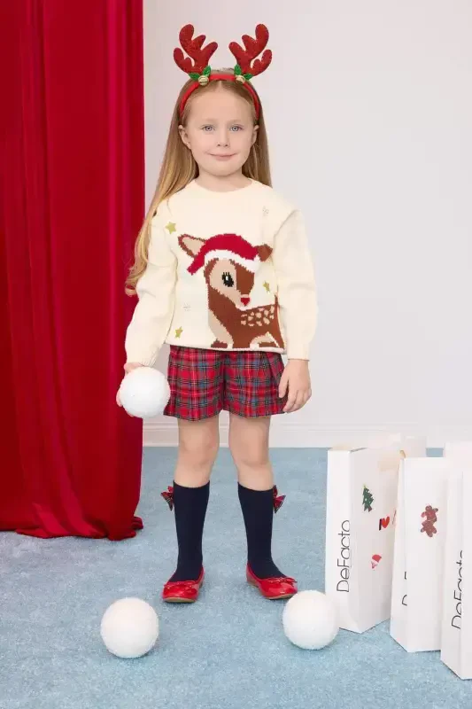 Kız Bebek Bisiklet Yaka Yılbaşı Temalı Triko Kazak C8418A524WN - 1