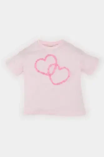 Kız Bebek Bisiklet Yaka Kalp Desenli Kısa Kollu Tişört E5492A525SM - 1