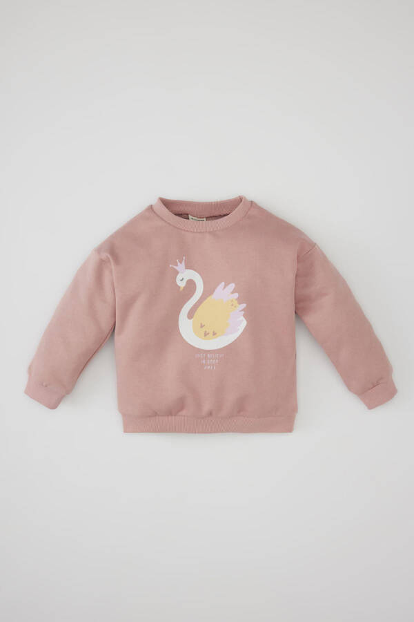 Kız Bebek Bisiklet Yaka Kuğu Baskılı Sweatshirt - 1