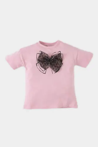Bisiklet Yaka Kurdele Baskılı Kısa Kollu Tişört Kız Bebek E5464A525SM - Pembe-PN86 - 1