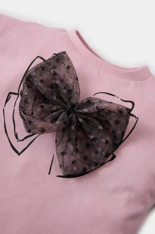 Bisiklet Yaka Kurdele Baskılı Kısa Kollu Tişört Kız Bebek E5464A525SM - Pembe-PN86 - 2