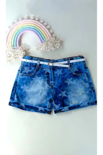 Kız Bebek Çocuk Düşük Bel Duble Paça Dar Kesim Kemerli Kot Denim Şort-mavi - 3