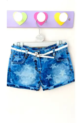 Kız Bebek Çocuk Düşük Bel Duble Paça Dar Kesim Kemerli Kot Denim Şort-mavi - 4