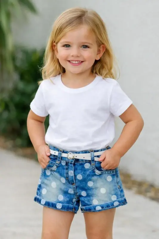 Kız Bebek Çocuk Düşük Bel Duble Paça Dar Kesim Kemerli Kot Denim Şort-puantiyeli - 1