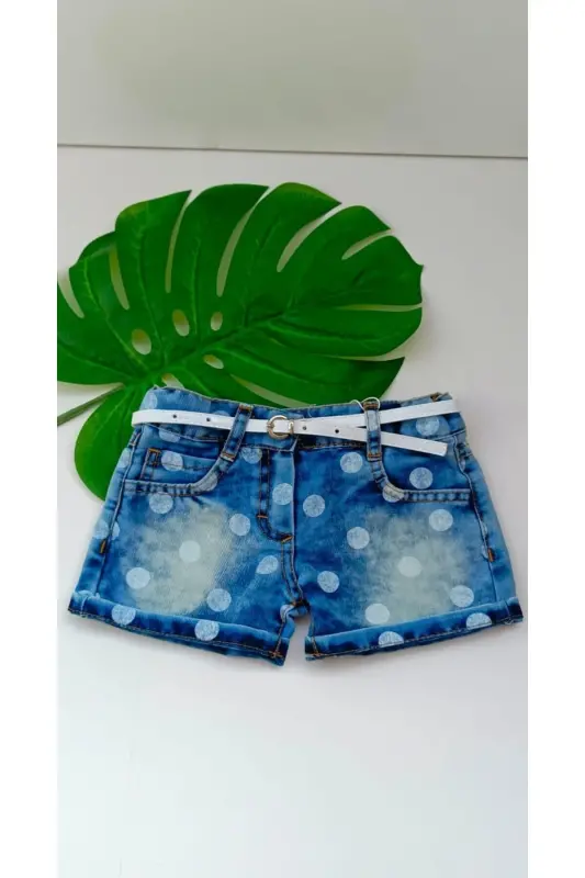 Kız Bebek Çocuk Düşük Bel Duble Paça Dar Kesim Kemerli Kot Denim Şort-puantiyeli - 2