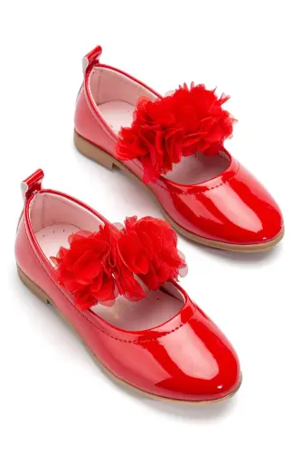 Kız Bebek-Çocuk Fiyonklu Babet Ayakkabı-KIRMIZI RUGAN 