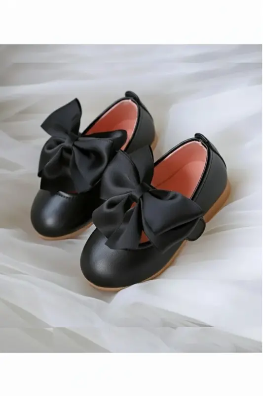 Kız Bebek-Çocuk Fiyonklu Babet Ayakkabı-Siyah Metalik - 1