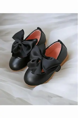 Kız Bebek-Çocuk Fiyonklu Babet Ayakkabı-Siyah Metalik 