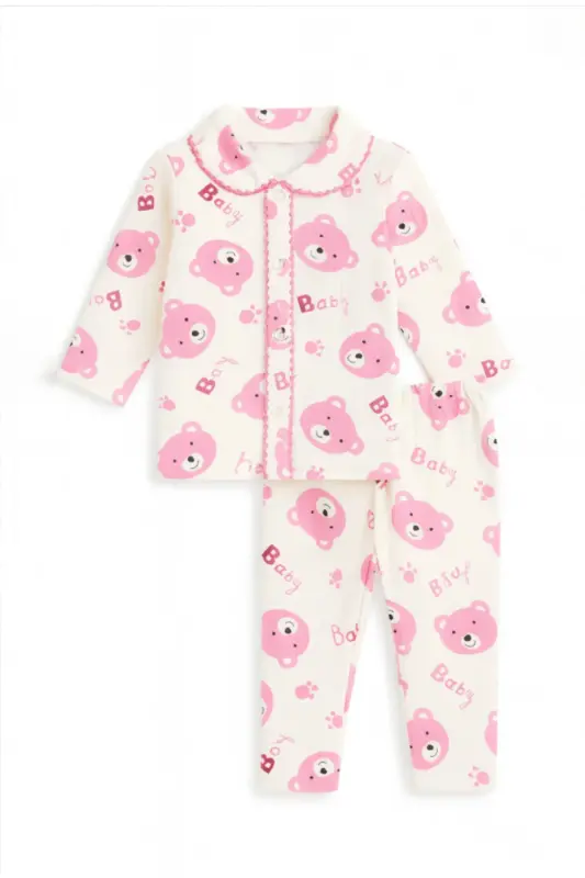 Kız Bebek Çocuk Pamuklu Oyali Pijama Takımı Hediyelik - pembe1 - 2