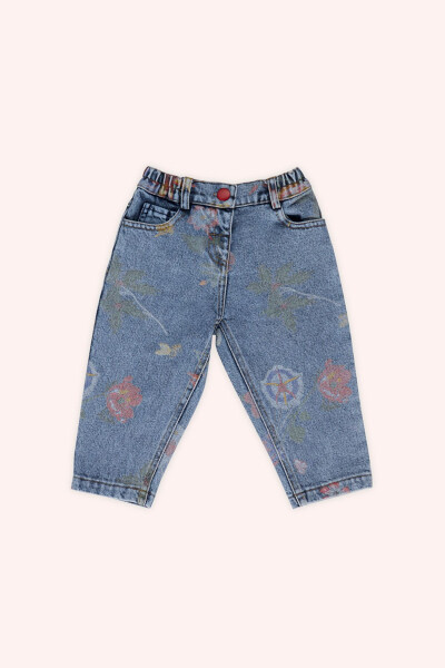 Kız Bebek Desenli Mavi Kot Pantolon - Panço
