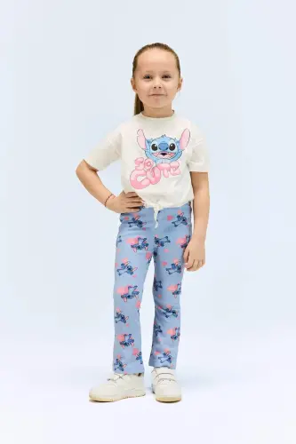 Disney Lilo & Stitch 2'li Takım Kısa Kollu Tişört Fitilli Kaşkorse İspanyol Paça Tayt Kız Bebek E480 - Mavi-BE551 - 1