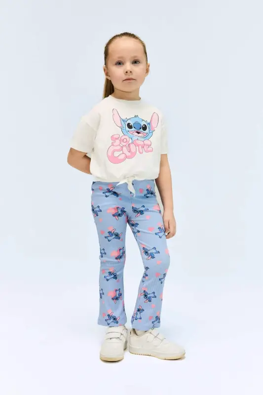 Disney Lilo & Stitch 2'li Takım Kısa Kollu Tişört Fitilli Kaşkorse İspanyol Paça Tayt Kız Bebek E480 - Mavi-BE551 - 3