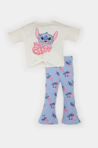 Disney Lilo & Stitch 2'li Takım Kısa Kollu Tişört Fitilli Kaşkorse İspanyol Paça Tayt Kız Bebek E480 - Mavi-BE551 - 4