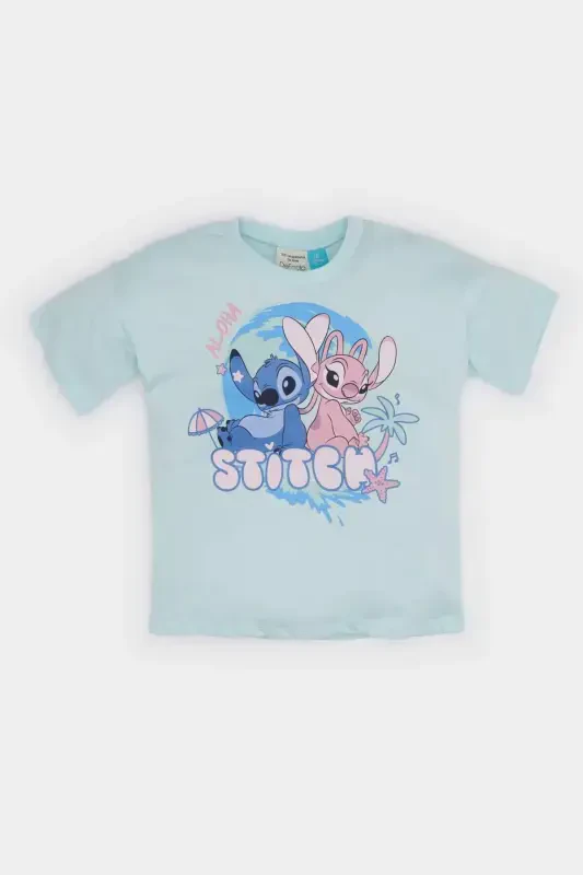 Kız Bebek Disney Lilo & Stitch Bisiklet Yaka Kısa Kollu Tişört E7120A525SM-Mavi - 1
