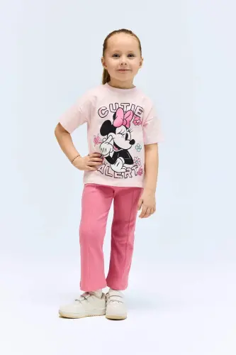 Disney Mickey & Minnie 2'li Takım Kısa Kollu Tişört Fitilli Kaşkorse Beli Lastikli Tayt Kız Bebek E4 - Pembe-PN280 - 1