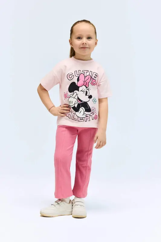 Disney Mickey & Minnie 2'li Takım Kısa Kollu Tişört Fitilli Kaşkorse Beli Lastikli Tayt Kız Bebek E4 - Pembe-PN280 - 1