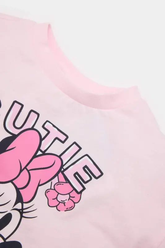 Disney Mickey & Minnie 2'li Takım Kısa Kollu Tişört Fitilli Kaşkorse Beli Lastikli Tayt Kız Bebek E4 - Pembe-PN280 - 4
