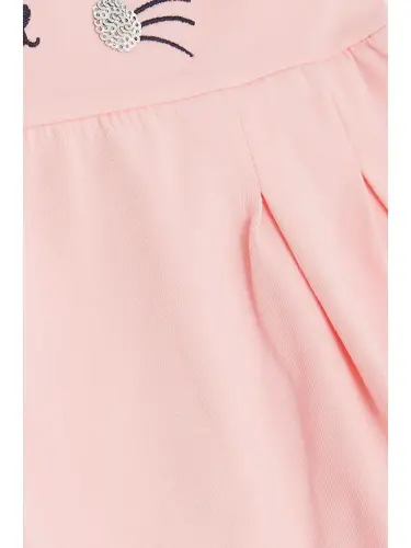 Kız Bebek Elbise Nakışlı Pullu Sevimli Kedicik Baskılı Pembe (1.5-2 Yaş)-Pembe - 4