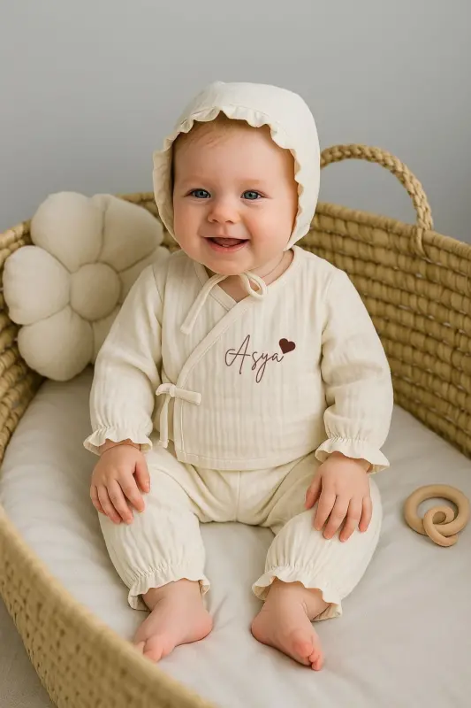 Kız Bebek İsim Nakışlı Yenidoğan Organik Müslin Kruvaze Takım İsimli Hastane Çıkışı Tulum Hediyelik-Ekru1 - MINYTRENDY
