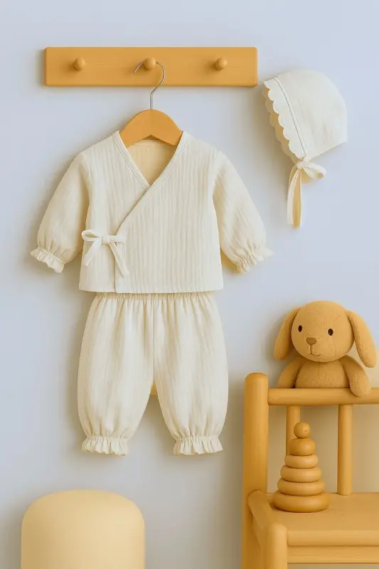 Kız Bebek İsim Nakışlı Yenidoğan Organik Müslin Kruvaze Takım İsimli Hastane Çıkışı Tulum Hediyelik-Ekru1 - 4