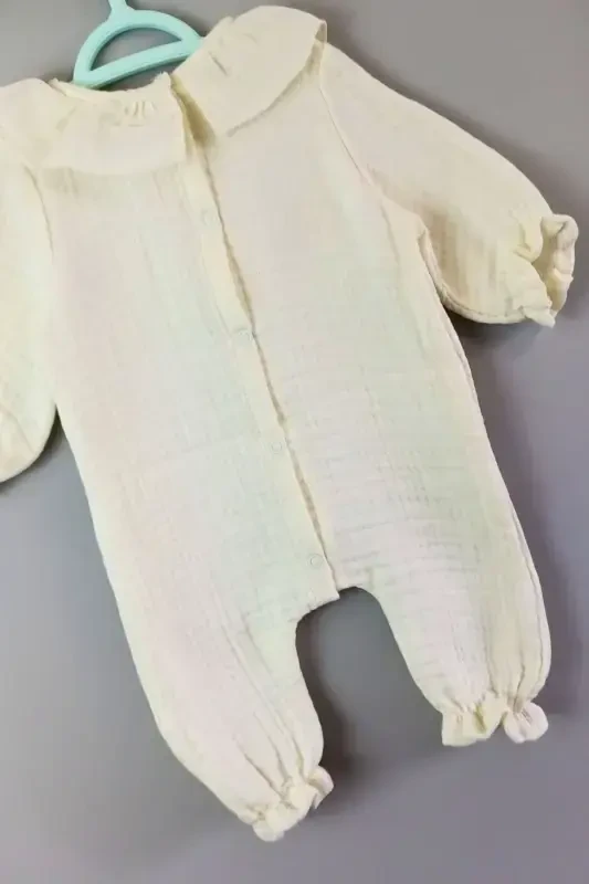 Kız Bebek Isimli Organik Müslin Yenidoğan Tulum Hastane Çıkışı Bebek Hediyelik Yazlık Tulum-Krem - 5