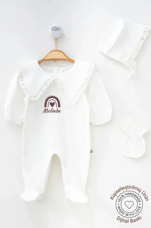 Kız Bebek İsimli Yenidoğan Tulum Eldiven ve Şapkalı Mevlüt Kıyafeti Hastane Çıkışı Bebek Hediyelik-Beyazisimbaskı - 1