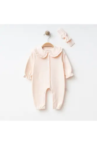 Kız Bebek işlemeli %100 Pamuk Şapkalı Tulum Seti-somon - 4