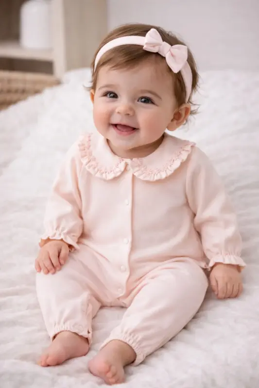 Kız Bebek işlemeli %100 Pamuk Şapkalı Tulum Seti-somon - LIMEBABIES