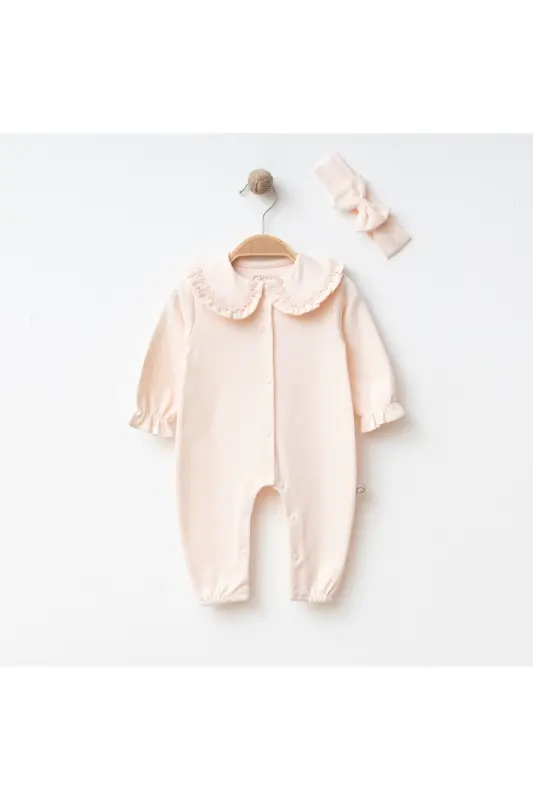 Kız Bebek işlemeli %100 Pamuk Şapkalı Tulum Seti-somon - 4