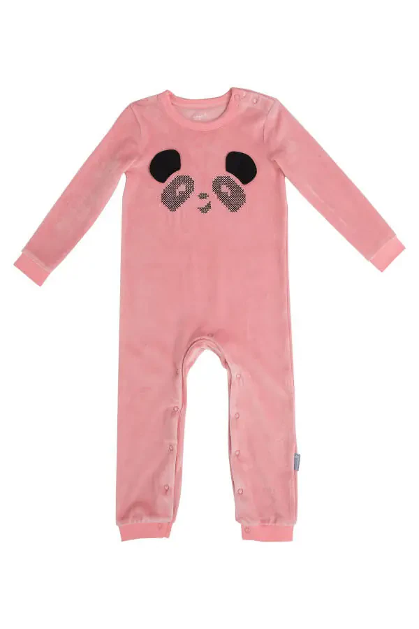 Kız Bebek Kadife Panda Nakışlı Çıtçıtlı Tulum - Pembe - 1