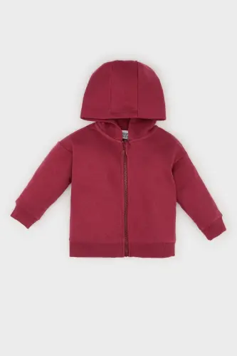 Kız Bebek Kapüşonlu Basic Düz İçi Yumuşak Tüylü Fermuarlı Sweatshirt D0750A524AU - Bordo-BR490 - 1