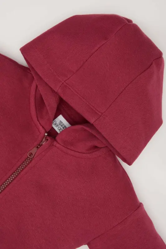 Kız Bebek Kapüşonlu Basic Düz İçi Yumuşak Tüylü Fermuarlı Sweatshirt D0750A524AU - Bordo-BR490 - 2