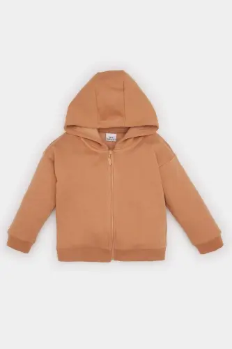 Kız Bebek Kapüşonlu Basic Düz İçi Yumuşak Tüylü Fermuarlı Sweatshirt D0750A524AU - Kahve-BN564 - 1