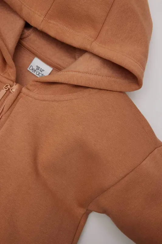 Kız Bebek Kapüşonlu Basic Düz İçi Yumuşak Tüylü Fermuarlı Sweatshirt D0750A524AU - Kahve-BN564 - 2
