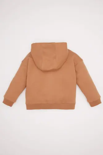 Kız Bebek Kapüşonlu Basic Düz İçi Yumuşak Tüylü Fermuarlı Sweatshirt D0750A524AU - Kahve-BN564 - 3