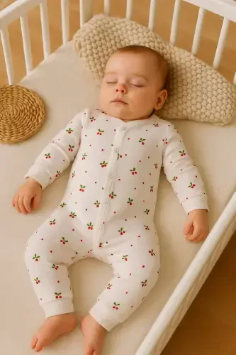 Kız Bebek Kirazlı Baskılı Çıtçıtlı Yenidoğan Bebek Tulumu %100 Pamuk Esnek 1-3-6 Aylık-BEYAZ KİRAZLI - 4