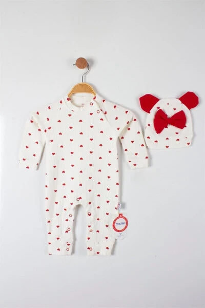 Kız Bebek Kırmızı Kalp Desenli Çıtçıtlı Şapkalı Tulum - 1