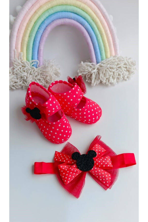 Kız Bebek Kırmızı Puantiyeli Minnie Mouse Patik ve Bandana Seti - Kırmızı - 1
