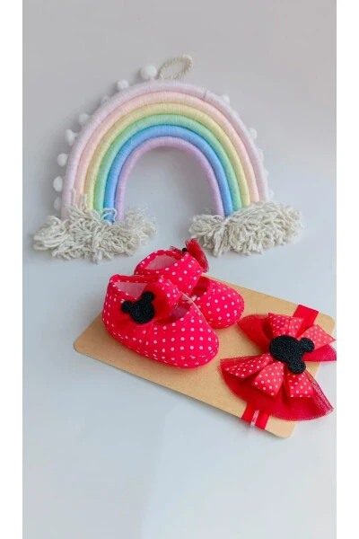 Kız Bebek Kırmızı Puantiyeli Minnie Mouse Patik ve Bandana Seti - BILGE TREND (1)