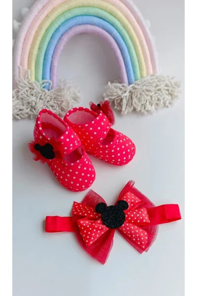 Kız Bebek Kırmızı Puantiyeli Minnie Mouse Patik ve Bandana Seti - Modazone